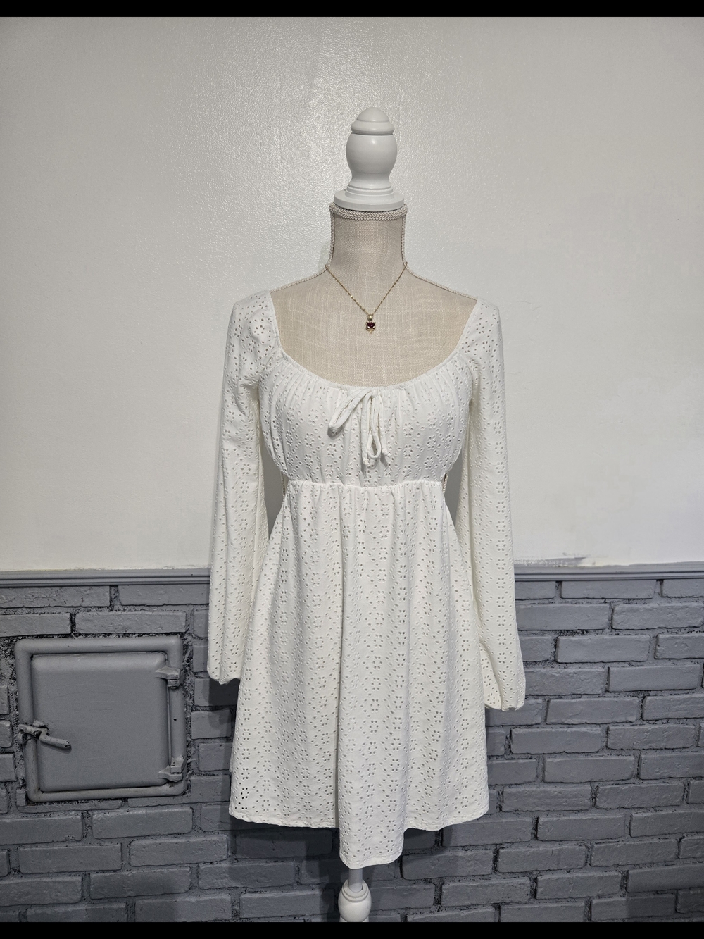 Lush Cream Eyelet Long-Sleeve Babydoll Dress